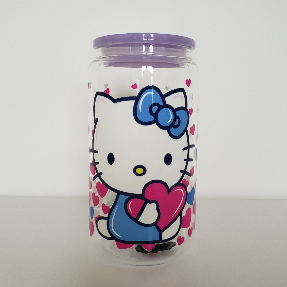 Hello Kitty 16oz Glass Tumbler Cup 4-pc Valentines Day Hearts Red Purple Kawaii